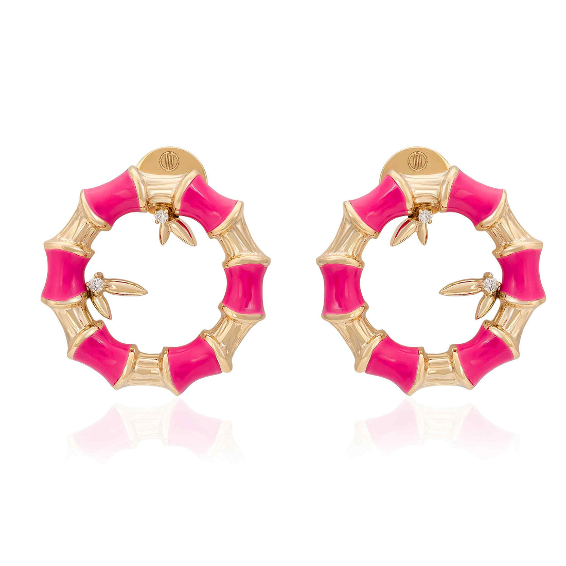 Single Earring in 18k Yellow Gold With VS-G Diamonds, & Enamel Color Bamboo Collection