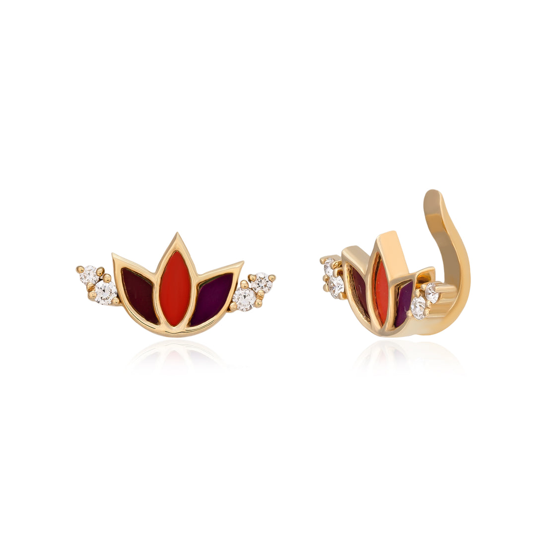 Single Earring in 18k Yellow Gold with SI Diamonds & Enamel Color - Leaf Collection