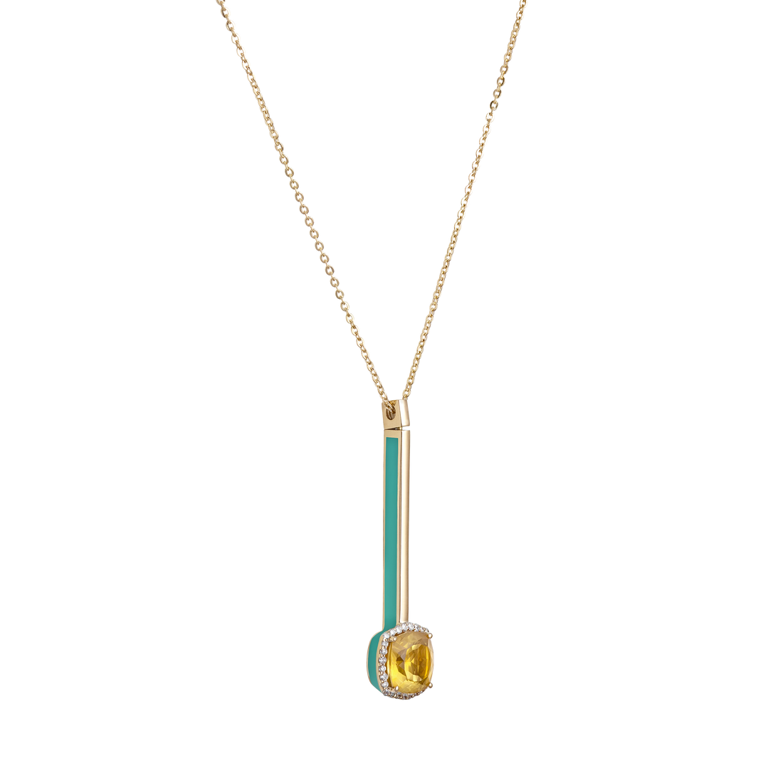 Eye Candy Pendant in18K yellow gold  with VS-G diamonds, citrine, and mint green enamel