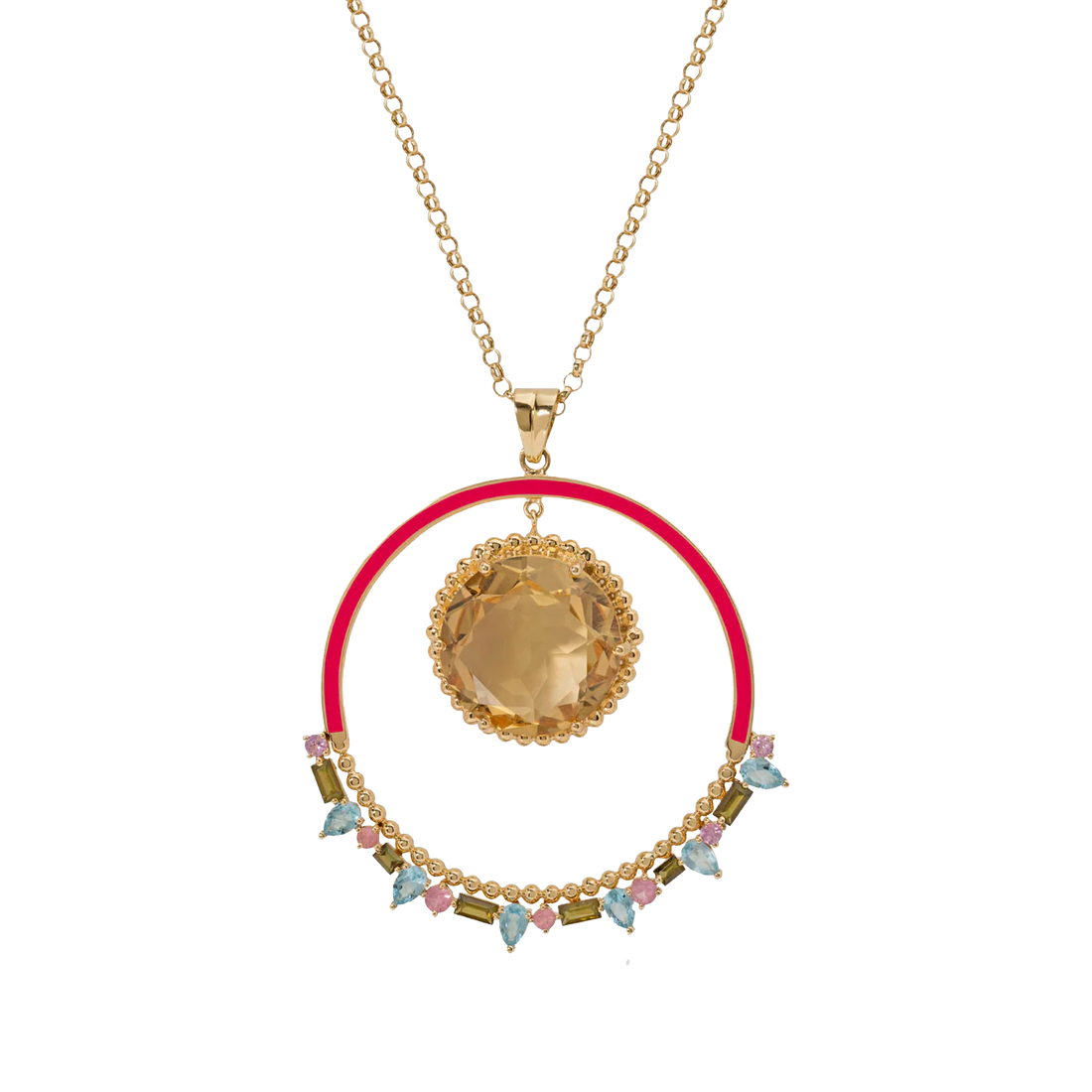 Carousel Necklace in 18K Yellow gold with Citrine, Peridot, Blue Topaz