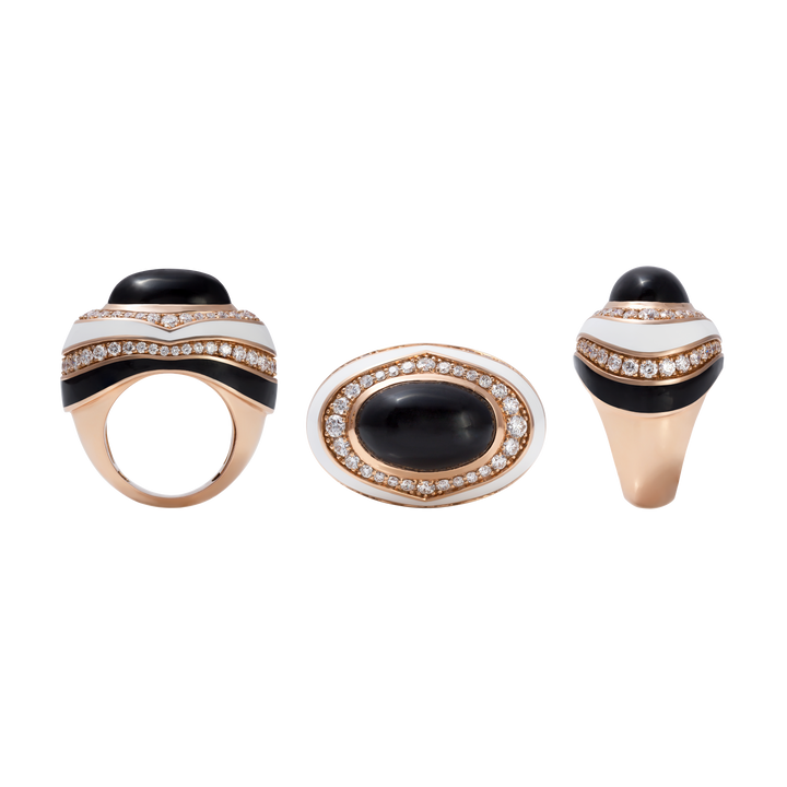 Ring in 18K rose gold with VS-G Diamonds and black/white enamel