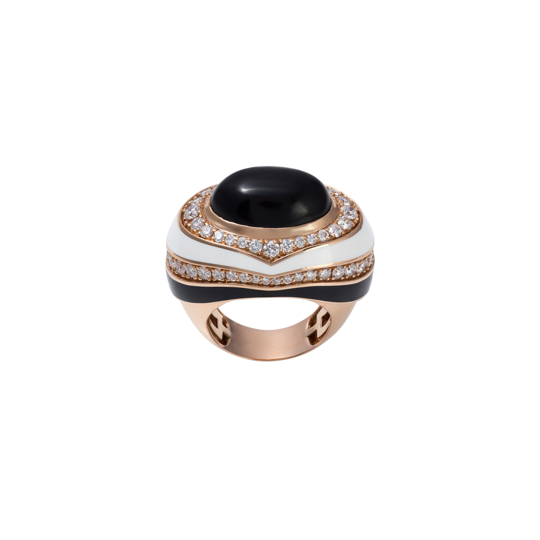 Ring in 18K rose gold with VS-G Diamonds and black/white enamel