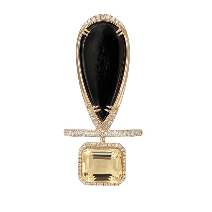 Ring in 18K yellow gold with VS-G diamonds, Onyx and Citrine stone
