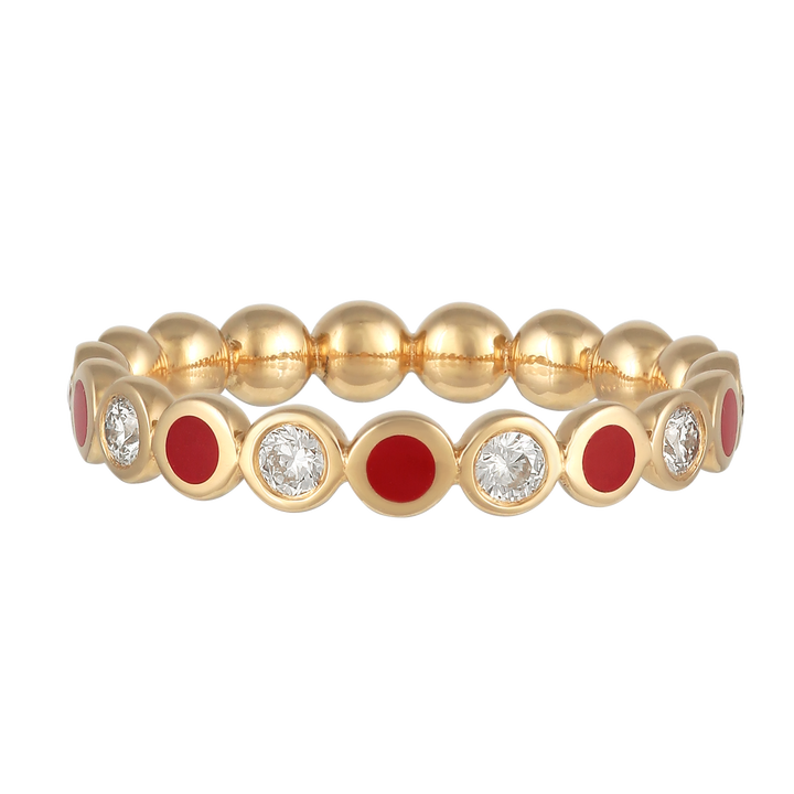 Ring in 18K yellow gold with VS-G diamonds and red enamel