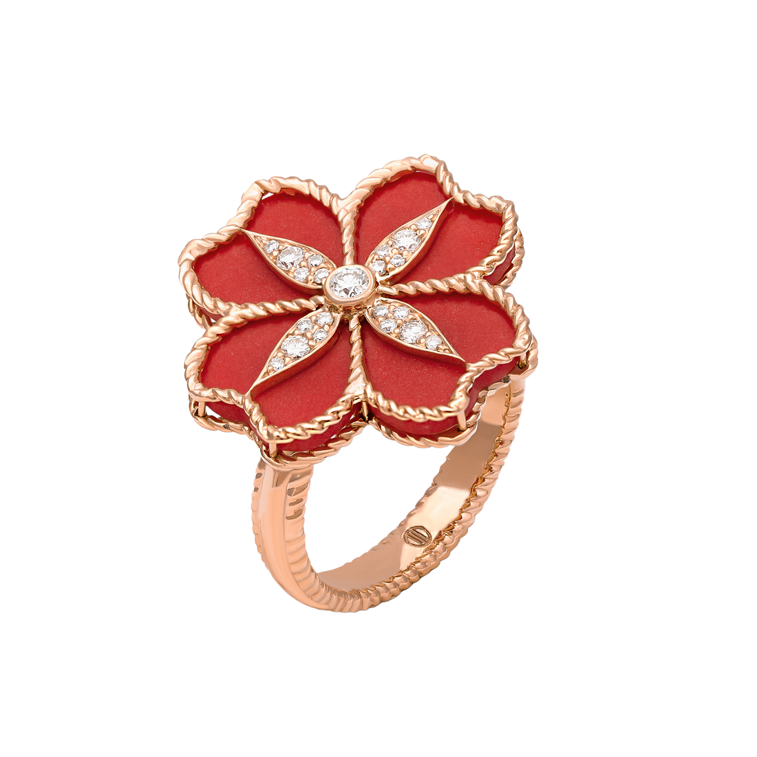 Mallow Flower Ring in 18k Yellow Gold with VS-G Diamonds and Red Enemal