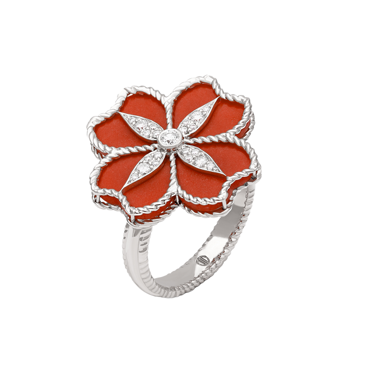 Mallow Flower Ring in 18k Yellow Gold with VS-G Diamonds and Red Enemal