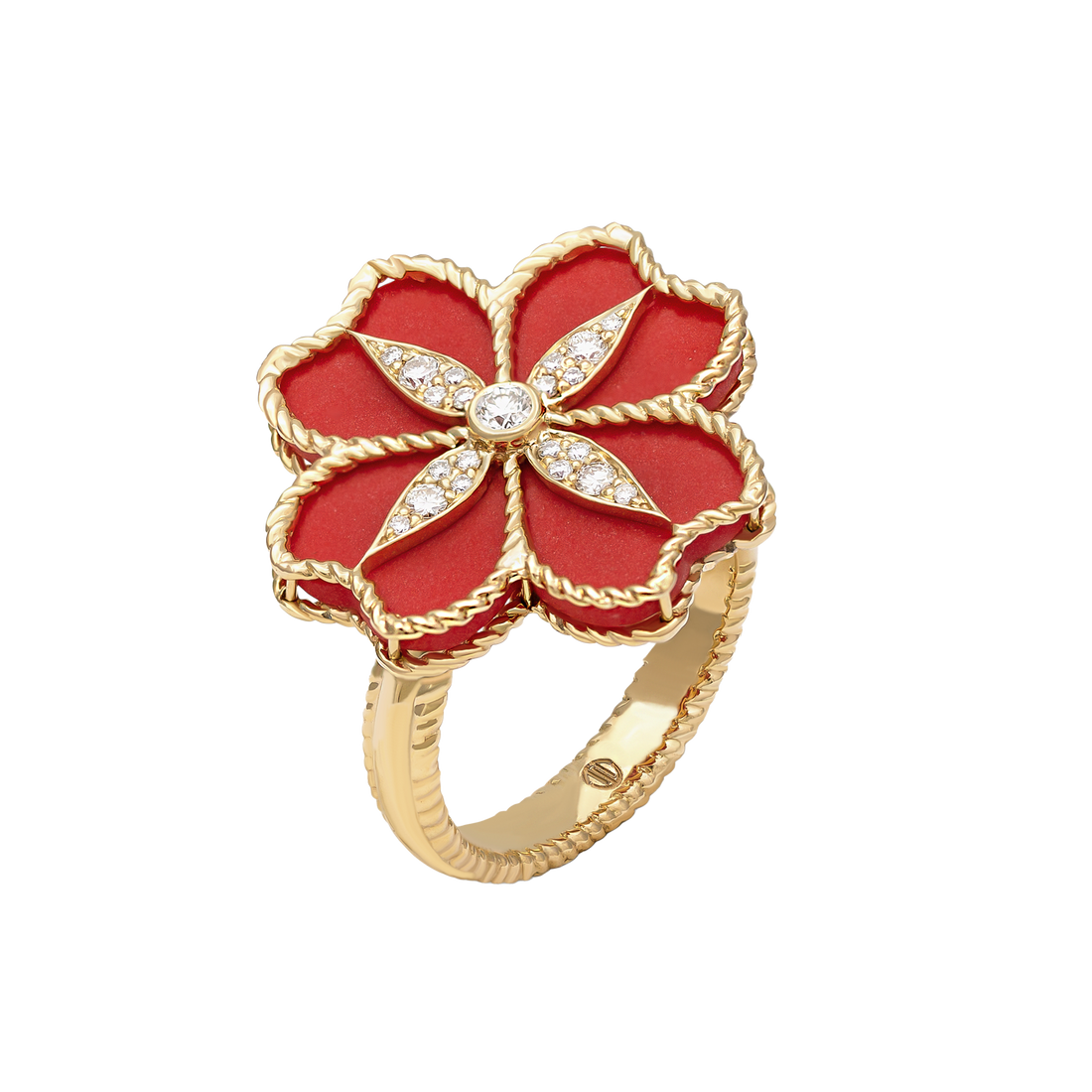 Mallow Flower Ring in 18k Yellow Gold with VS-G Diamonds and Red Enemal