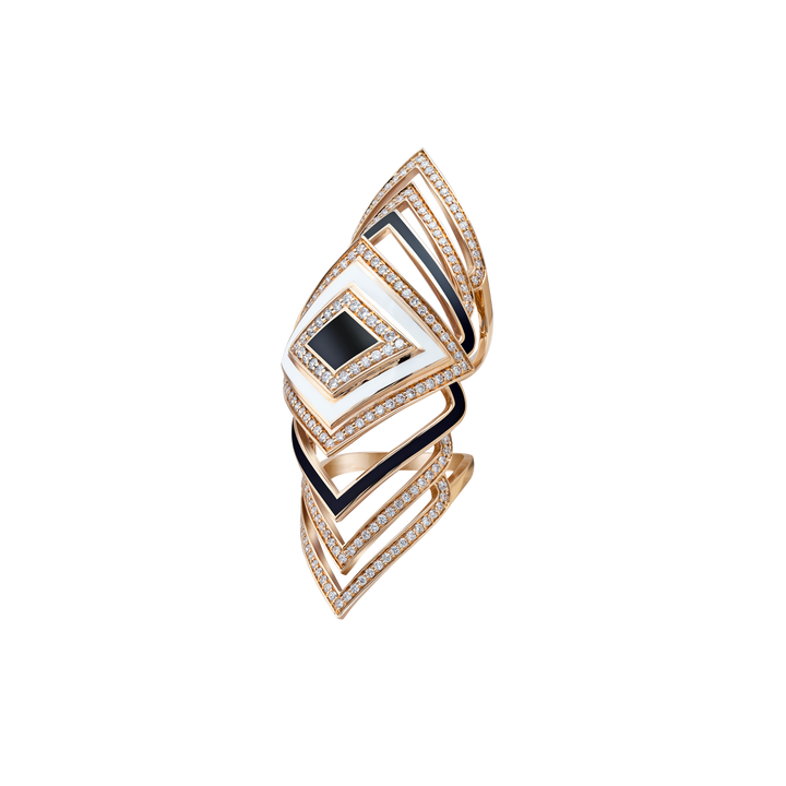 Ring in 18K yellow gold with VS-G diamonds and black/white enamel