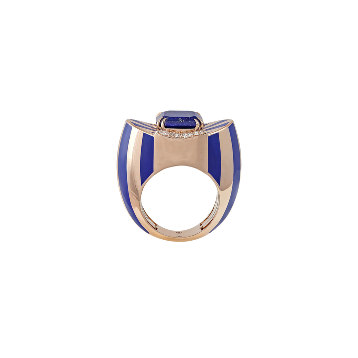 Ring in 18K Rose Gold with VS-G Diamonds, Lapis stone and blue enamel