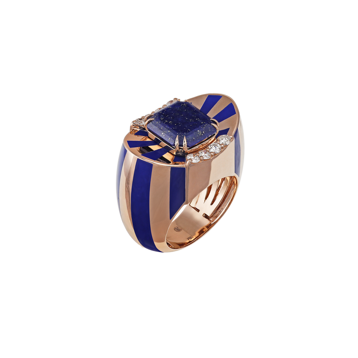 Ring in 18K Rose Gold with VS-G Diamonds, Lapis stone and blue enamel