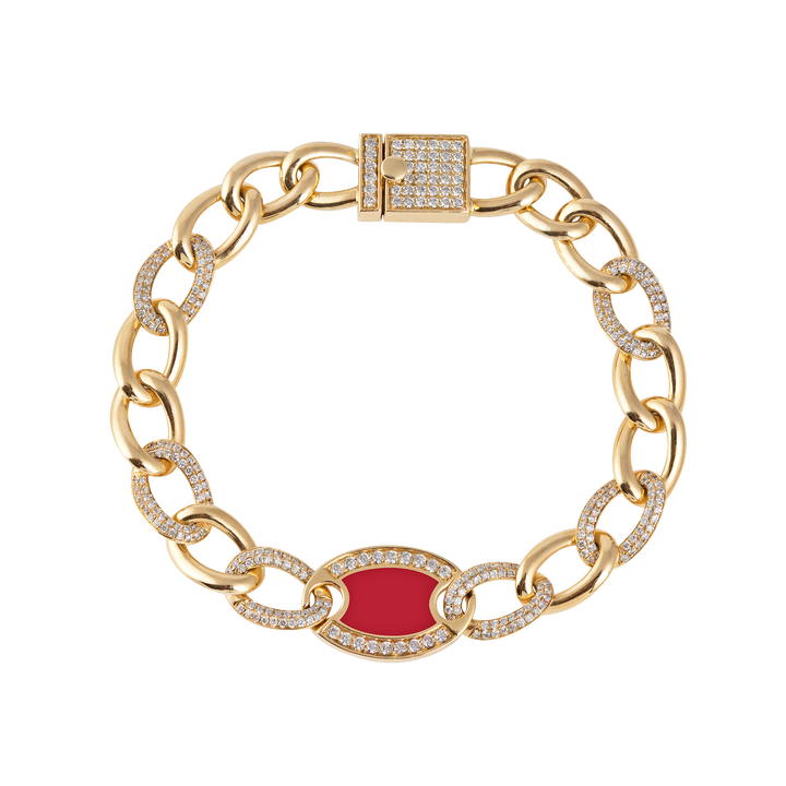 Chain bracelet in 18K white gold with VS-G diamonds and red enamel