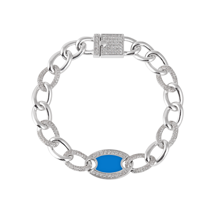 Chain bracelet in 18K white gold with VS-G diamonds and blue enamel