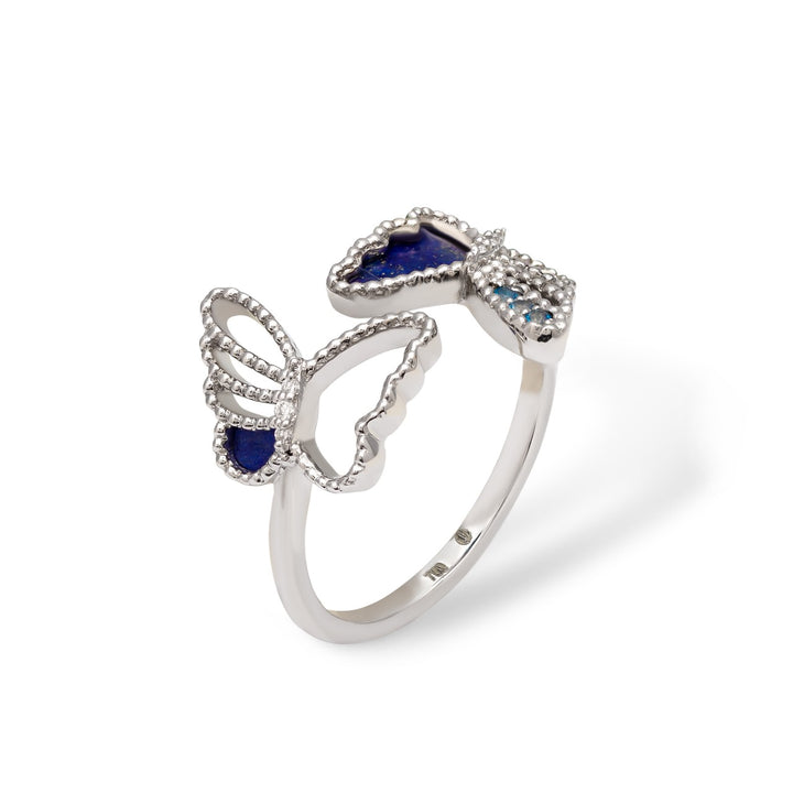 Butter fly Ring 18K White Gold With Si Diamonds And Blue Sapphier Stone and Lapis Stone