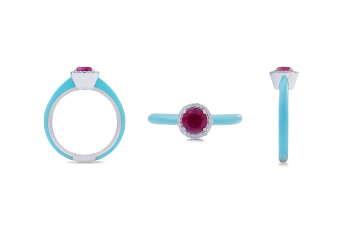 Eye Candy Ring in 18K white Gold Ring with VS-G Diamonds, Ruby and Mint Green Enamel