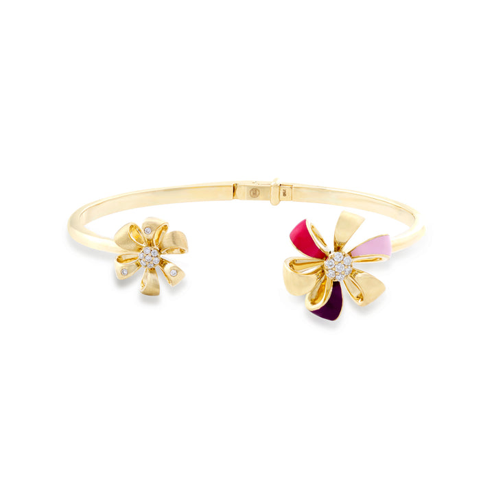 Flora Bracelet Double Flower in 18K Yellow Gold with VS-G Diamonds and Fuchsia / Pink