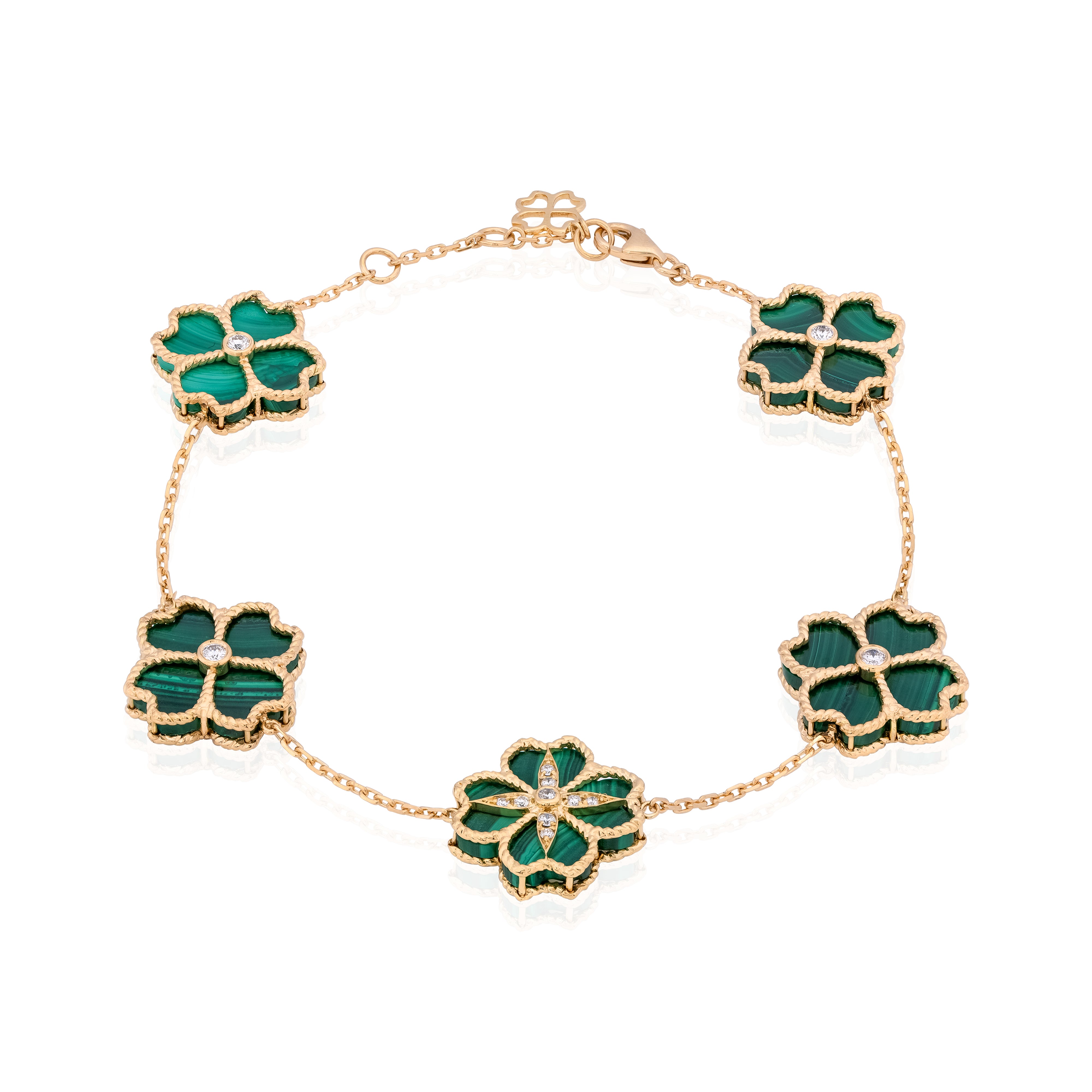 Mallow Flower Bracelet In 18K Yellow Gold with Vs-g diamonds and  malachite Stone