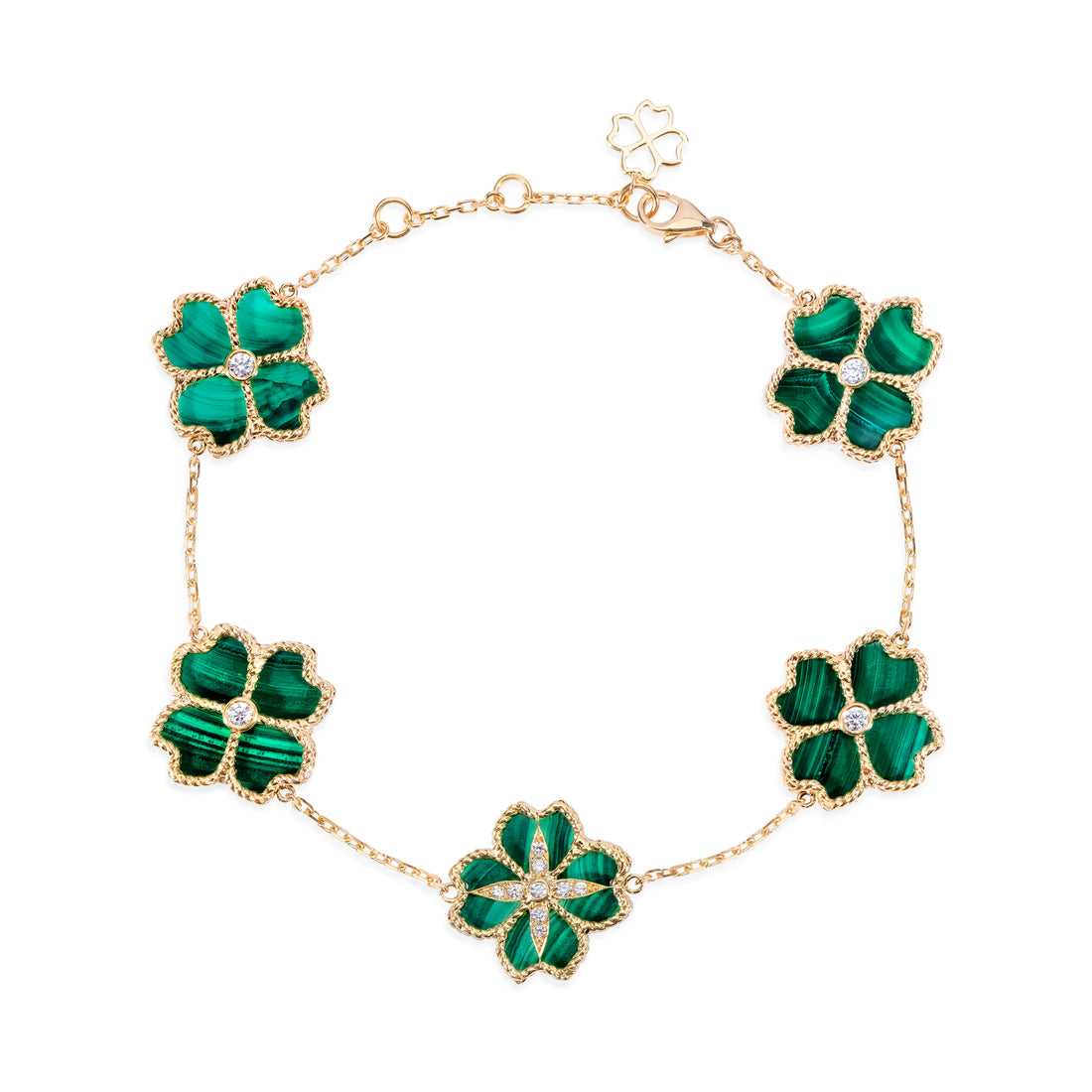 Mallow Flower Bracelet In 18K Yellow Gold with Vs-g diamonds and  malachite Stone