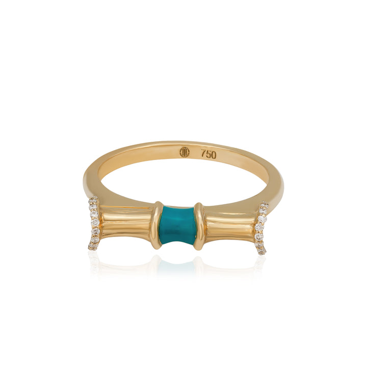 Bamboo Ring in 18k Yellow Gold With VS-G Diamonds And Turquoise Enamel