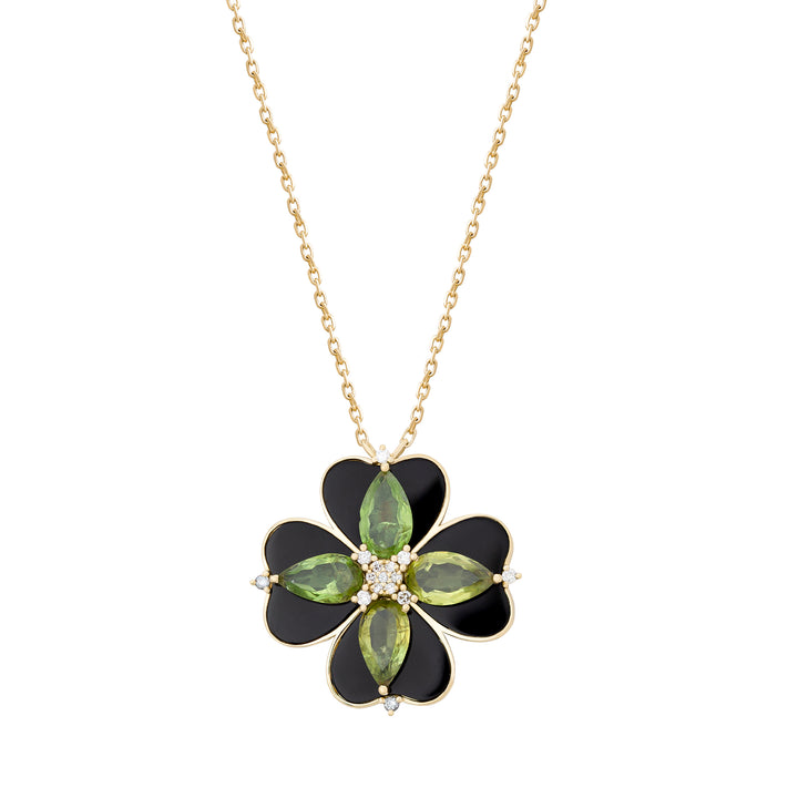 Pendant in 18k Yellow Gold with VS-G diamonds, Black onyx and peridot stones