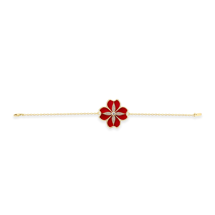 Mallow Flower Bracelet in 18k yellow Gold with Diamonds & Red Enamel