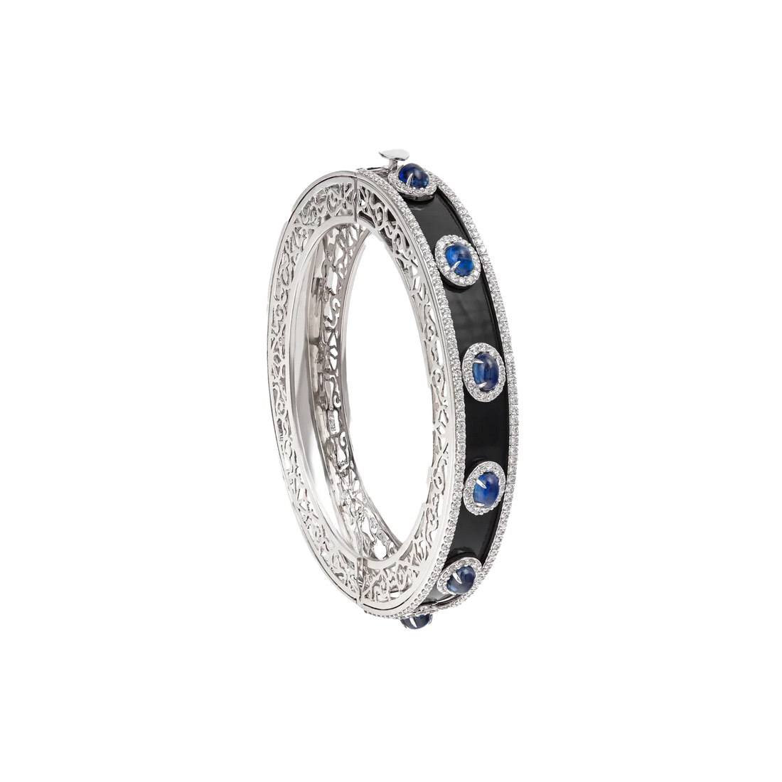 Bangle in 18K white gold with VS-G diamonds, black enamel, and blue topaz stones