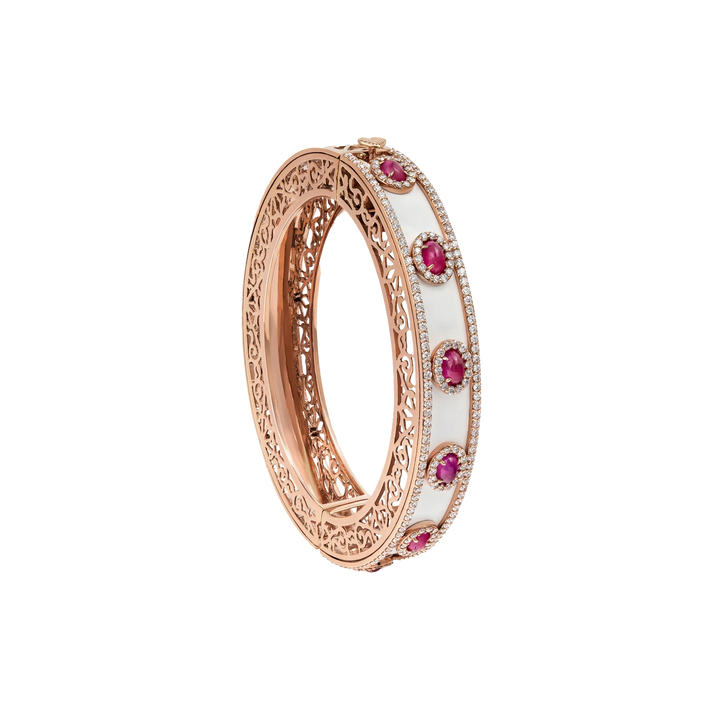 Bangle in 18K rose gold with VS-G diamonds, white enamel, and ruby stones - Art deco