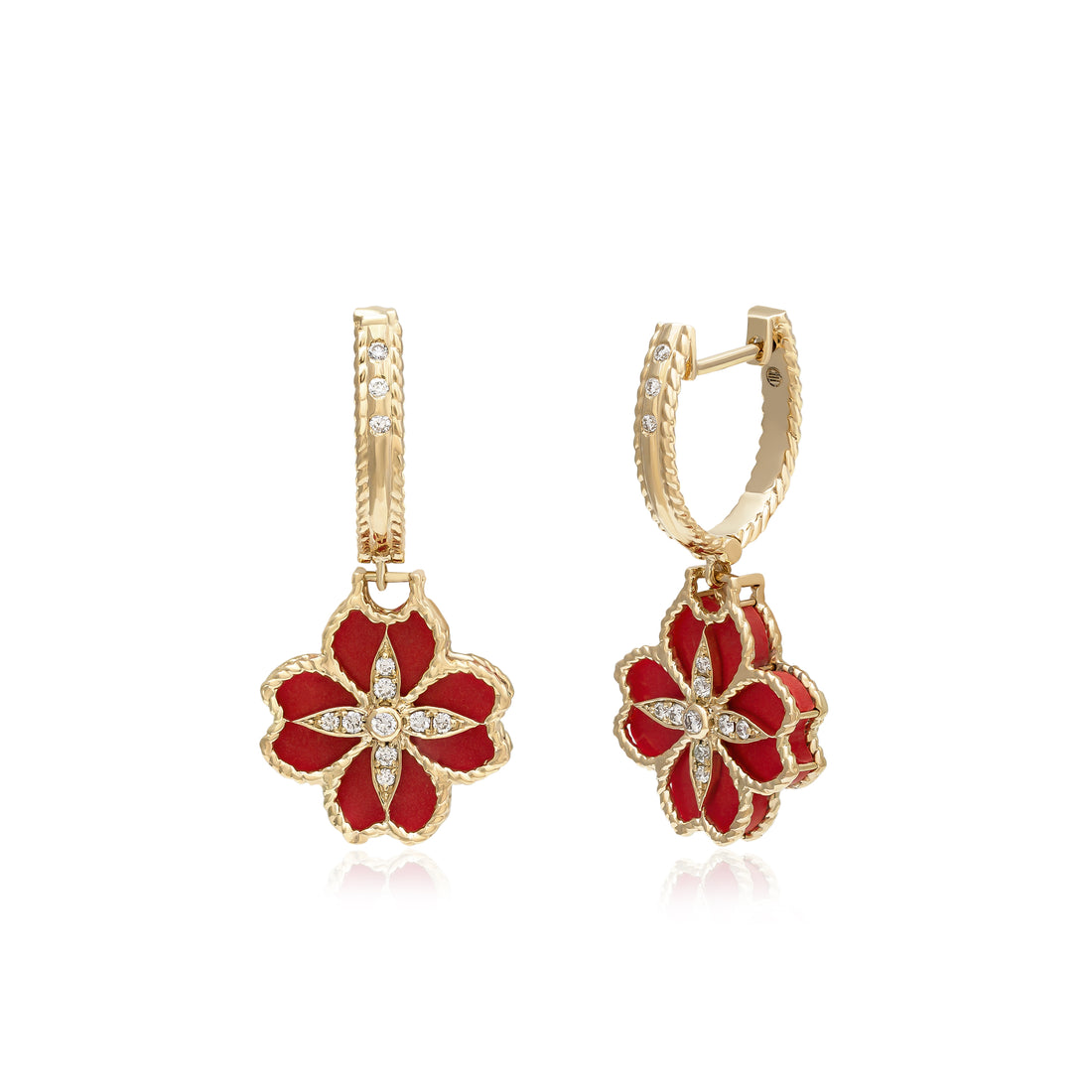 Mallow Flower Earing in 18k Yellow Gold and VS- G Diamonds with Red Enemal