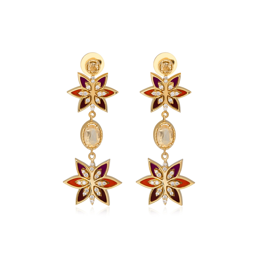 Single Earring in 18k Yellow Gold with SI Diamonds & Enamel Color - Leaf Collection