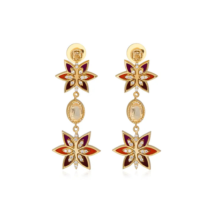 Earrings in 18k Yellow Gold with SI diamonds & Enamel Color - Leaf Collection