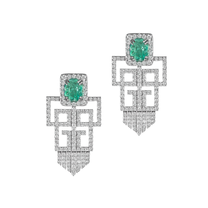 Art deco Earrings inspire 18K white gold with VS-G Diamonds and Emerald stone