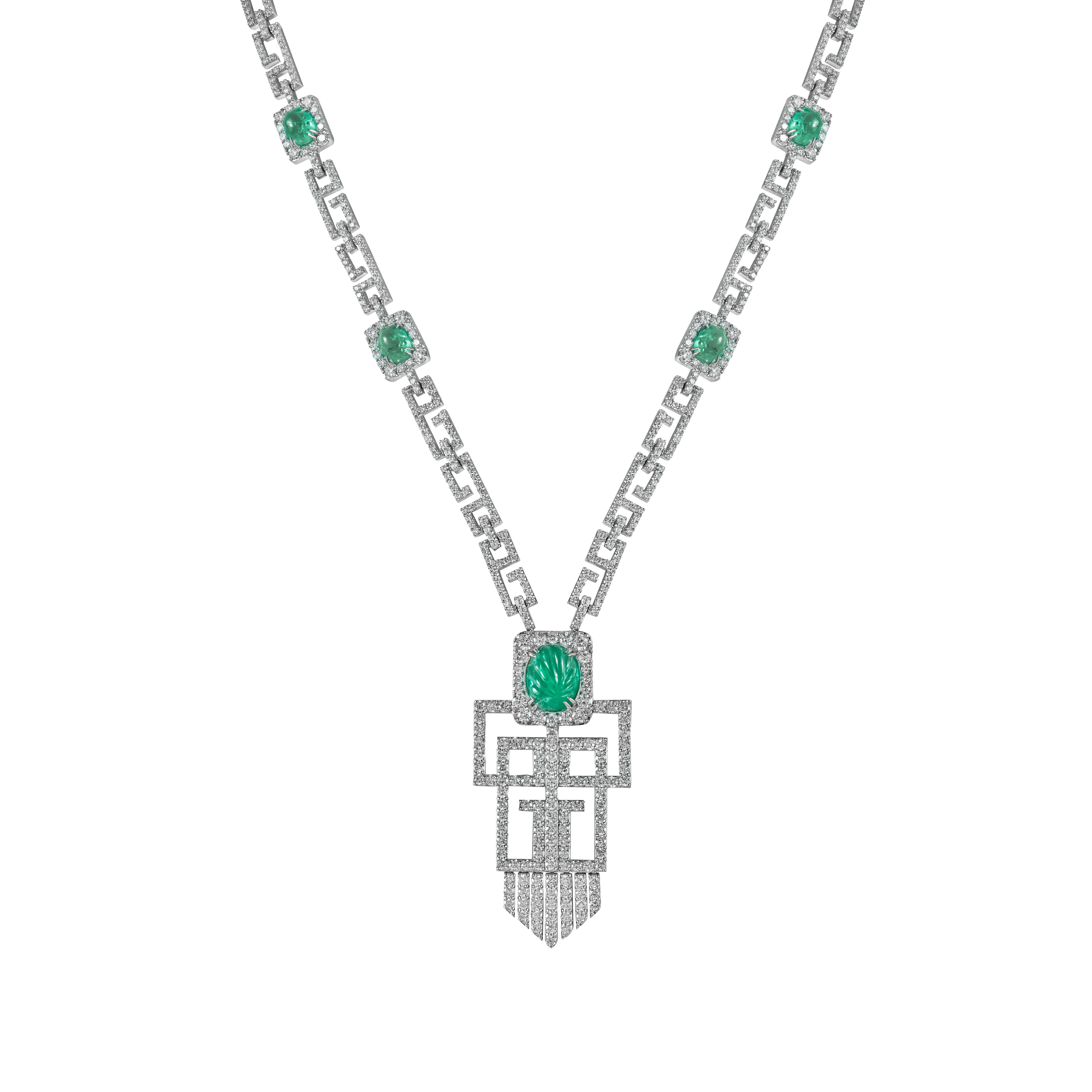 Art Deco Pendant in 18k white gold with VS-G Diamonds & Earmold stone