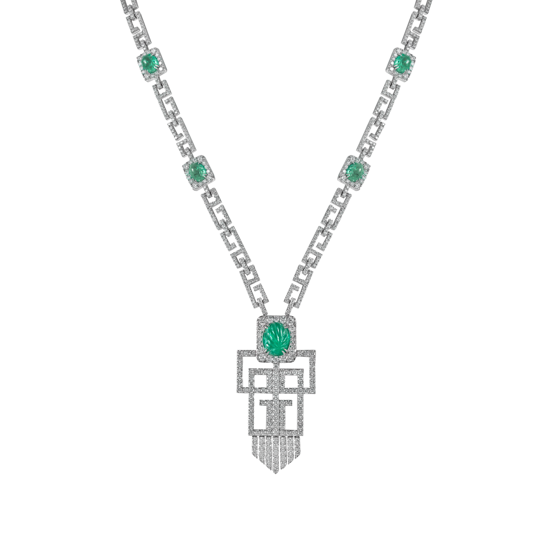 Art Deco Pendant in 18k white gold with VS-G Diamonds & Earmold stone