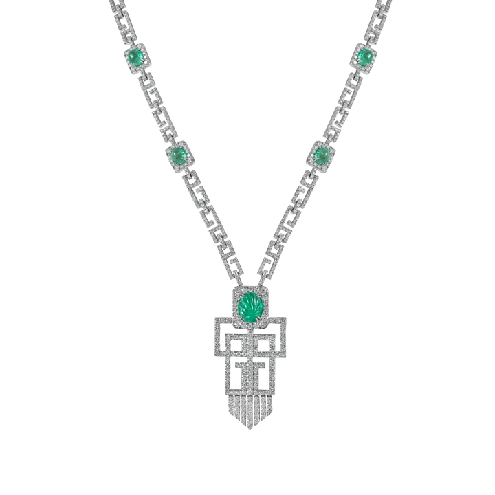 Art Deco Pendant in 18k white gold with VS-G Diamonds & Earmold stone