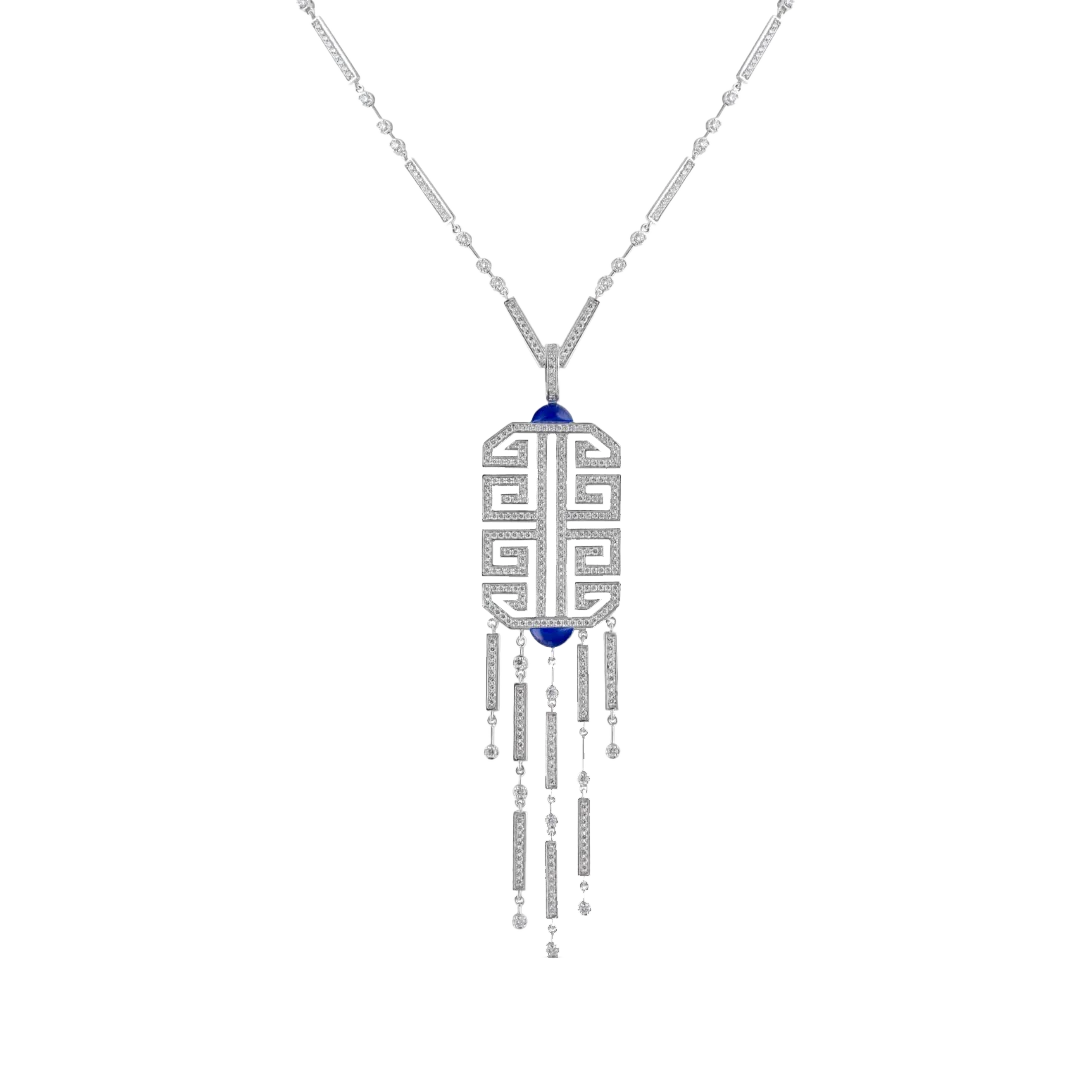 Art Deco Necklace Pendant in 18k white gold art deco inspired with fringes VS-G diamonds