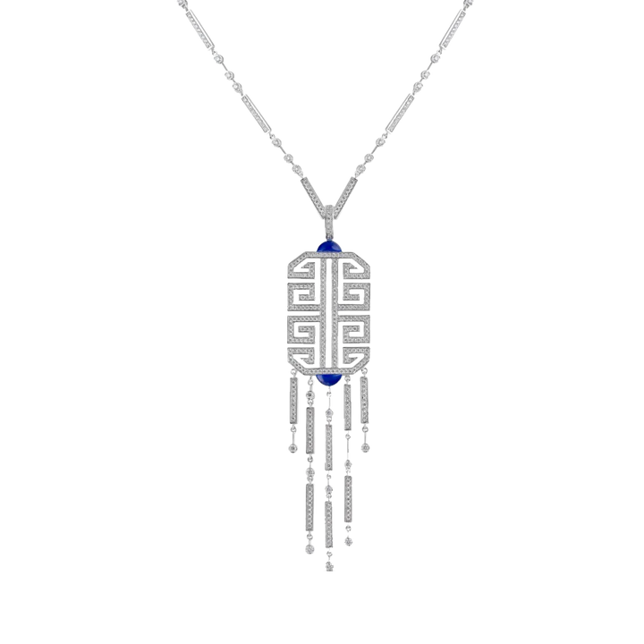 Art Deco Necklace Pendant in 18k white gold art deco inspired with fringes VS-G diamonds