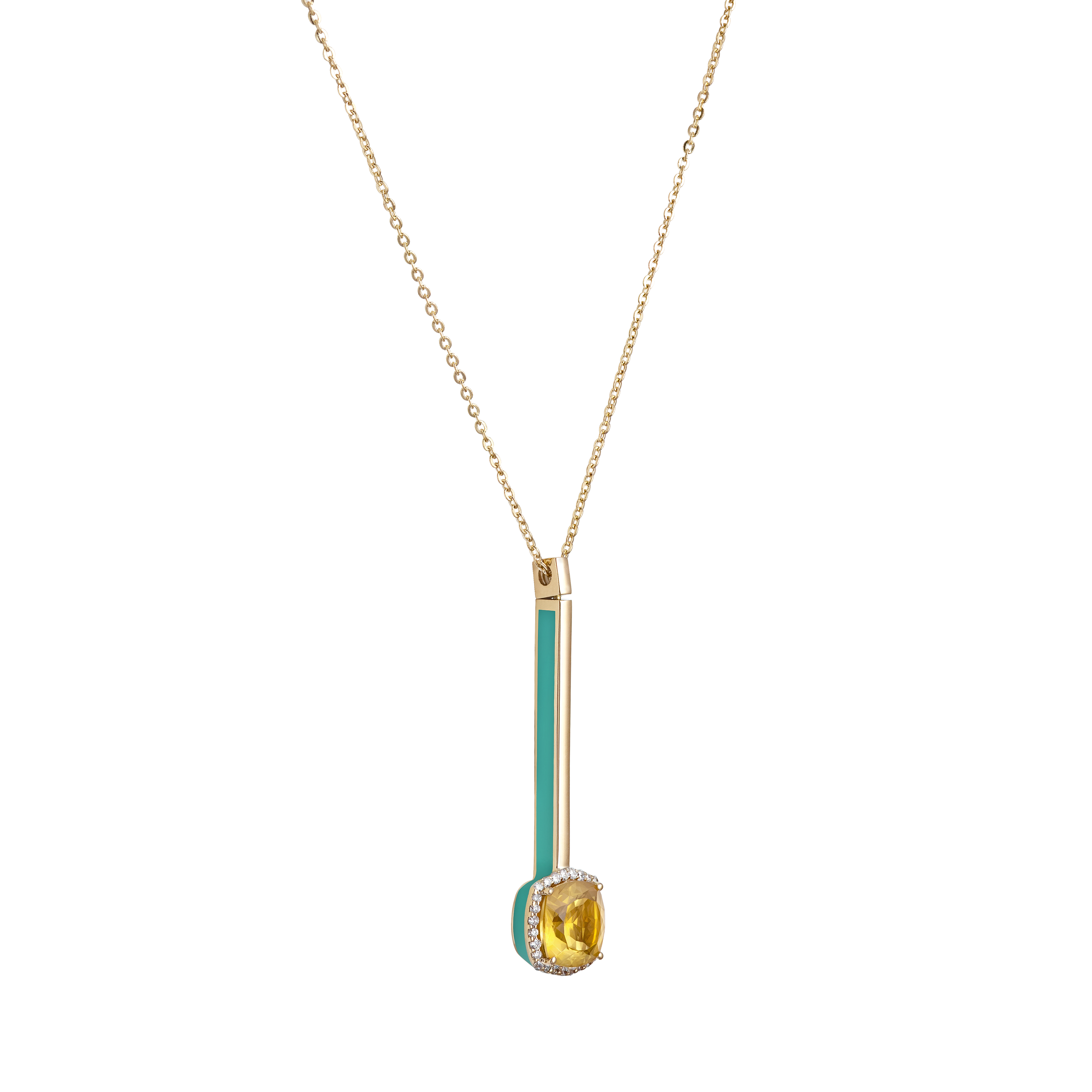 Eye Candy Pendant in18K yellow gold  with VS-G diamonds, citrine, and mint green enamel