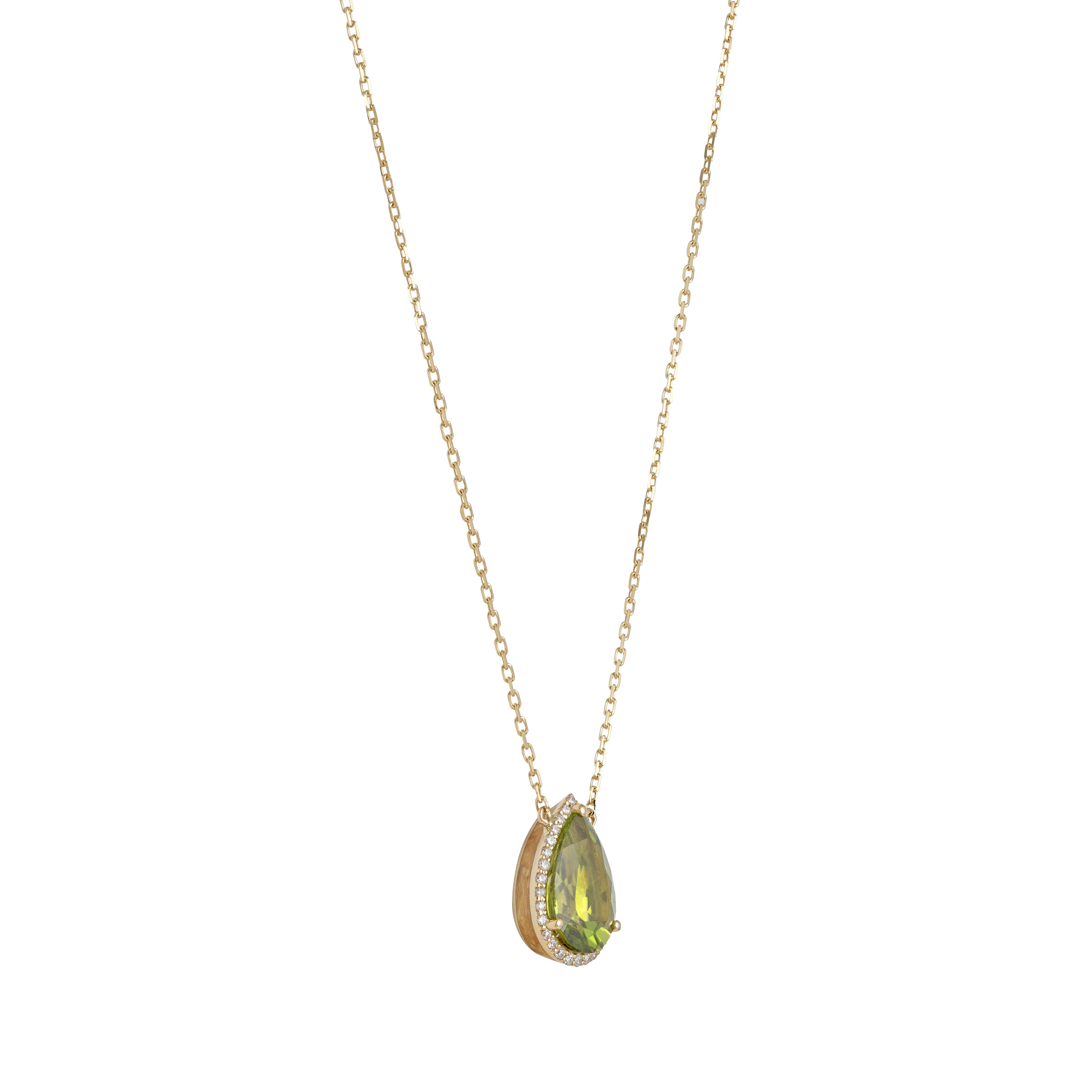 Eye Candy Pendant in 18K yellow gold  with VS-G diamonds, peridot, and gold swirl enamel