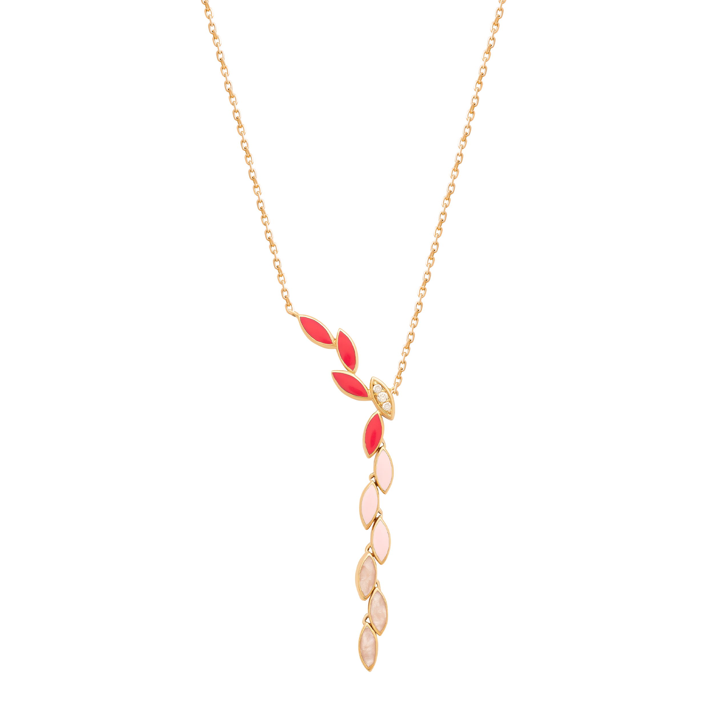 Leaves Necklace in 18k rose gold and SI diamonds with enamel pink