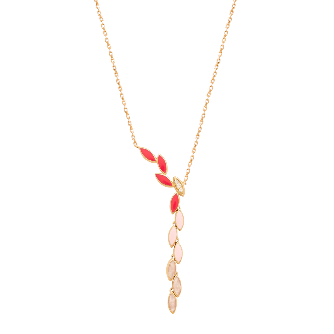 Leaves Necklace in 18k rose gold and SI diamonds with enamel pink