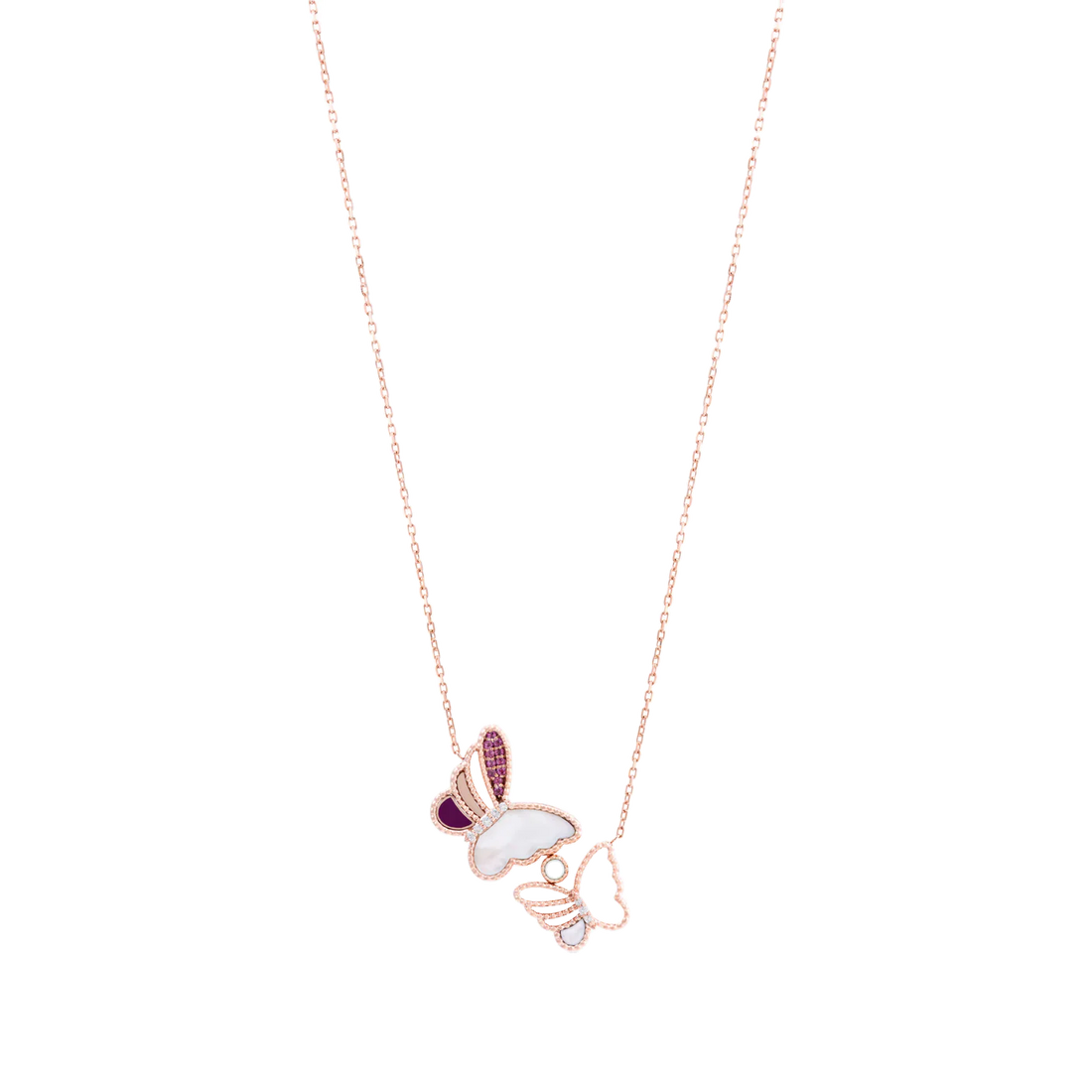 Butter Fly Necklace in 18k rose gold with purple enamel, SI diamonds