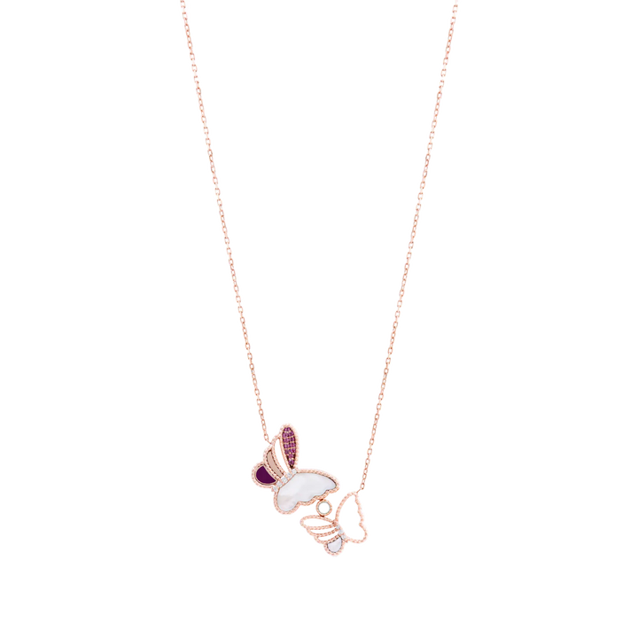 Butter Fly Necklace in 18k rose gold with purple enamel, SI diamonds