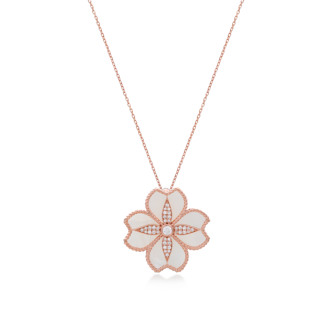 Mallow Flower Necklace In 18K Rose Gold With VS-G Diamonds And MOP Stone