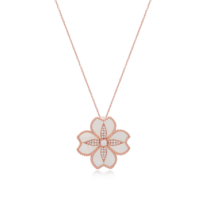 Mallow Flower Necklace In 18K Rose Gold With VS-G Diamonds And MOP Stone