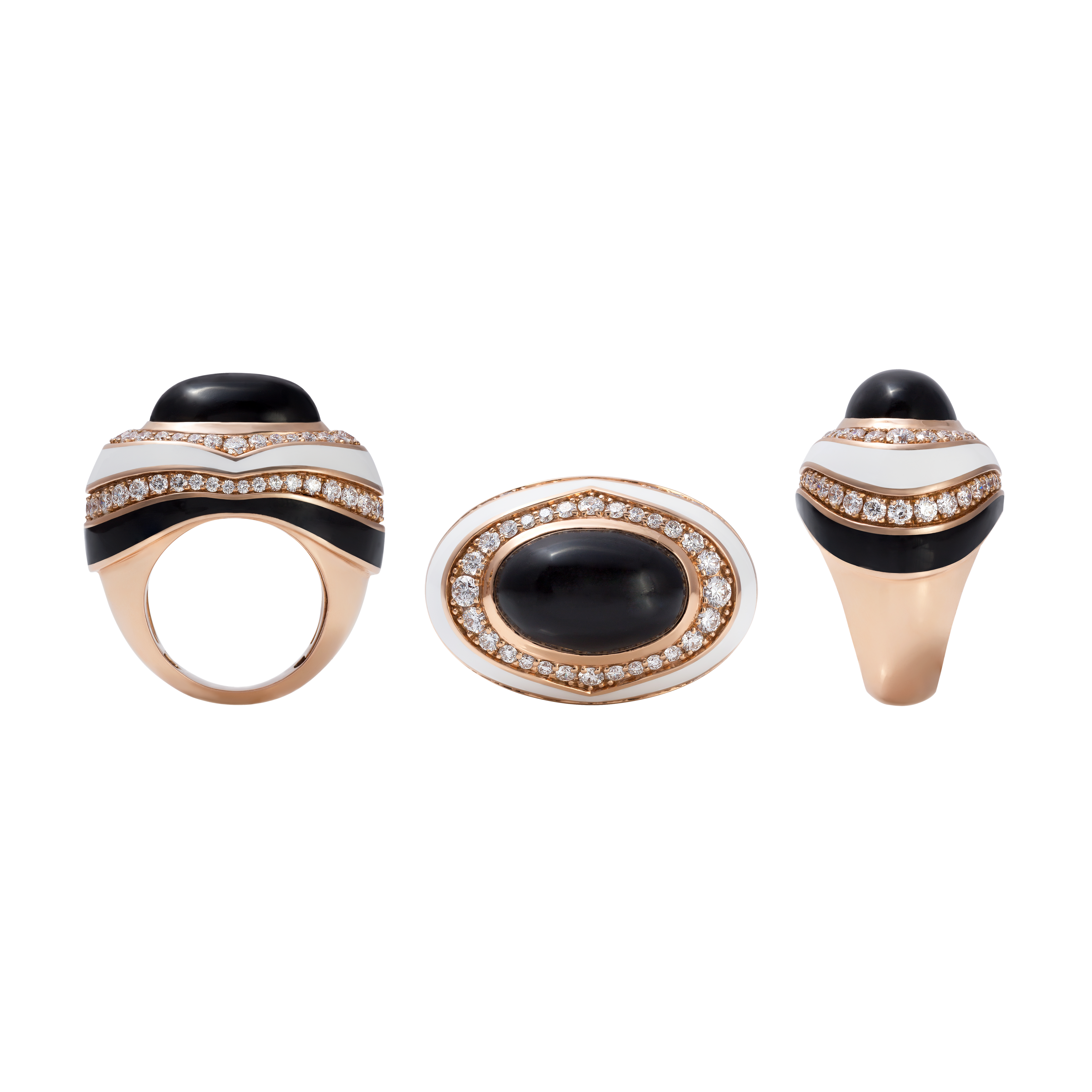 Ring in 18K rose gold with VS-G Diamonds and black/white enamel