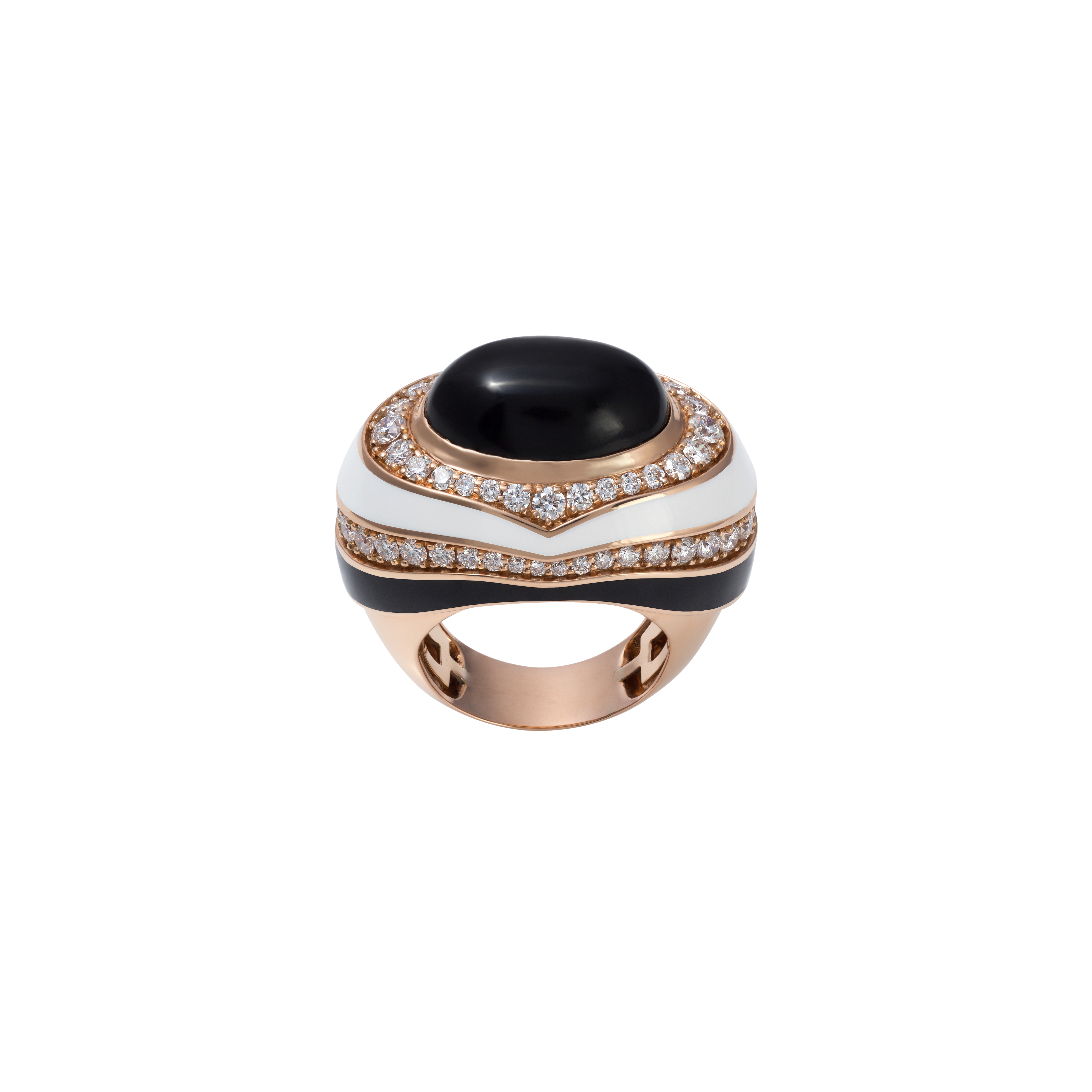 Ring in 18K rose gold with VS-G Diamonds and black/white enamel