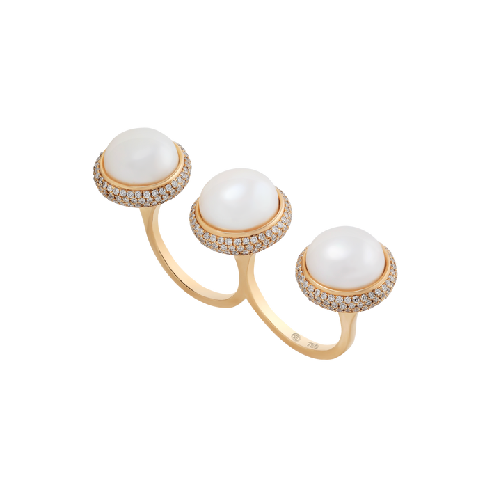 Pearl Rings 18K Yellow Gold With VS-G Diamonds And White