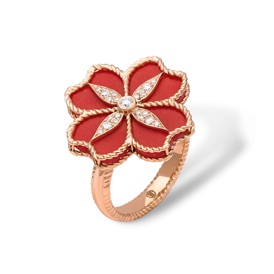 Mallow Flower Ring in 18k Yellow Gold with VS-G Diamonds and Red Enemal