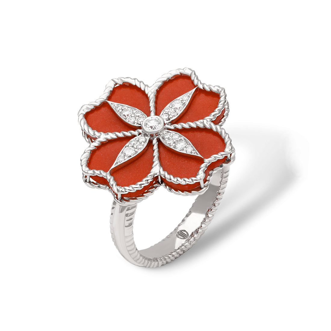 Mallow Flower Ring in 18k Yellow Gold with VS-G Diamonds and Red Enemal