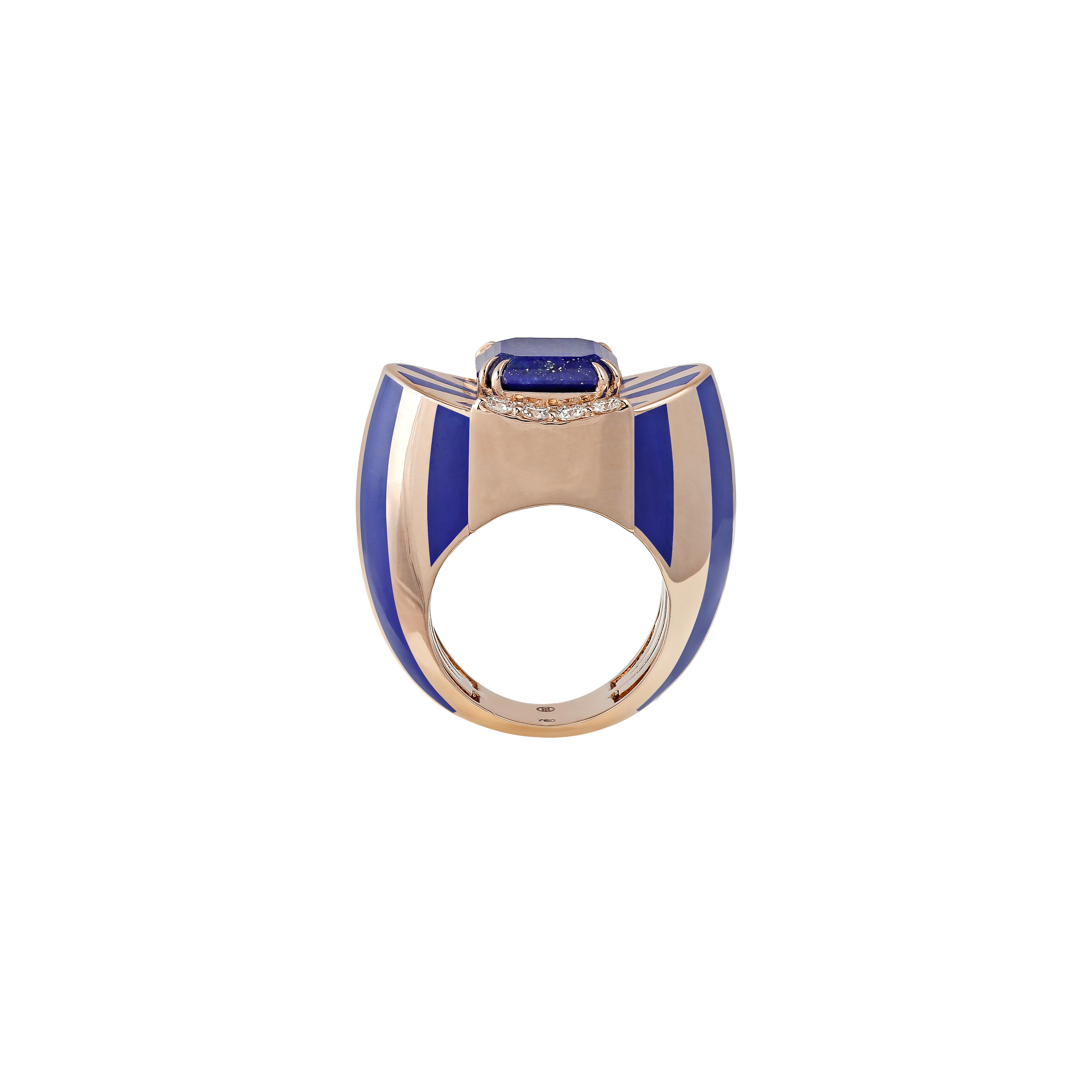 Ring in 18K Rose Gold with VS-G Diamonds, Lapis stone and blue enamel