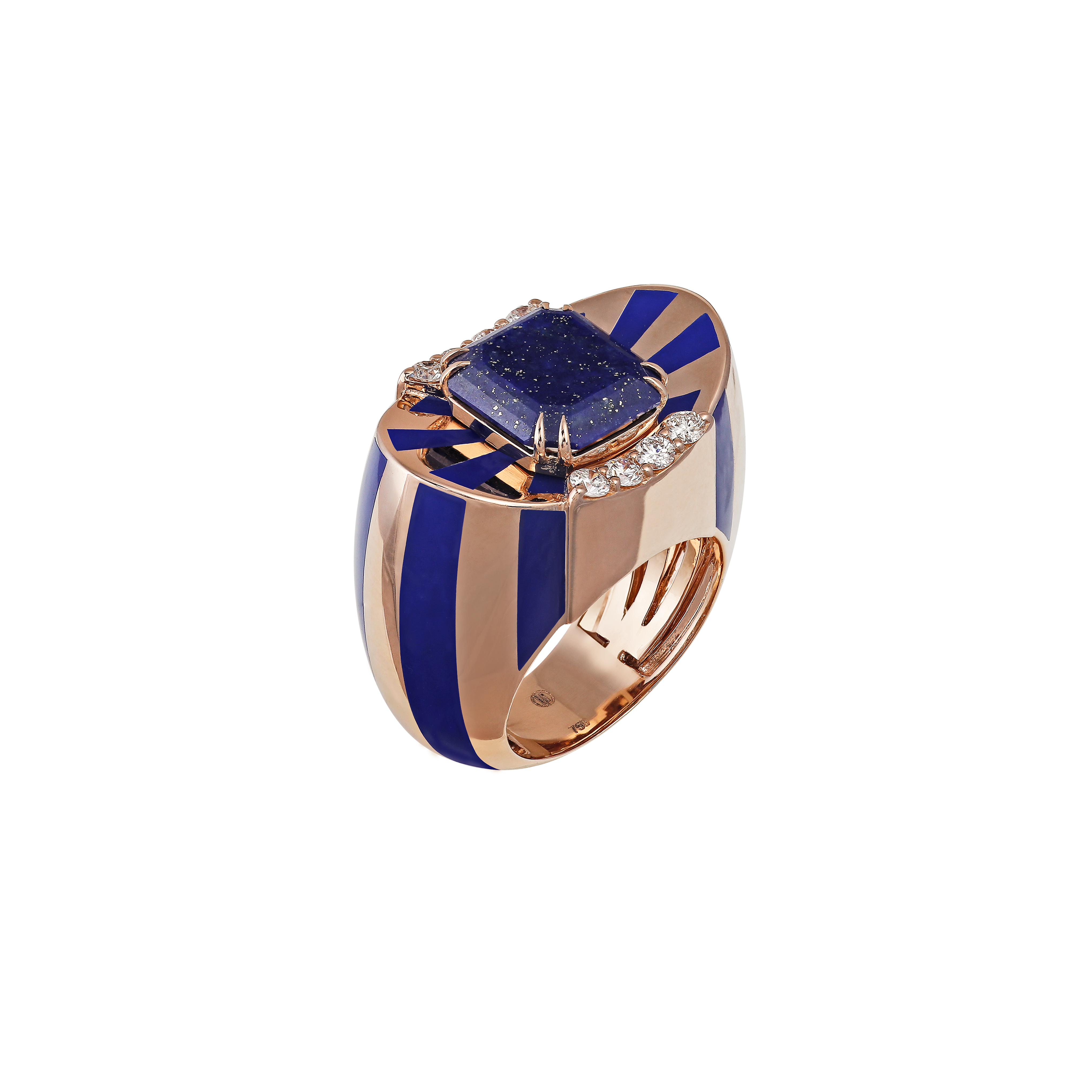 Ring in 18K Rose Gold with VS-G Diamonds, Lapis stone and blue enamel